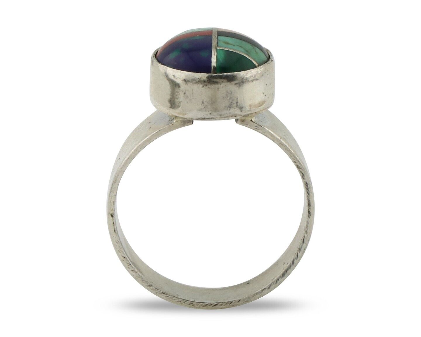 Zuni Inlaid Ring 925 Silver Mixed Natural Gemstones Native American Artist C.80s