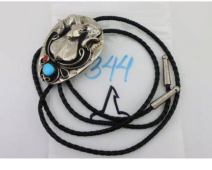 Navajo Goat Head Bolo Tie Horse Head .999 Nickel Coral & Turquoise Native C.80's