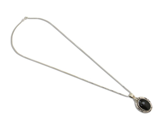 Navajo Necklace 925 Silver Onyx Natural Snowflake Agate Signed Native American