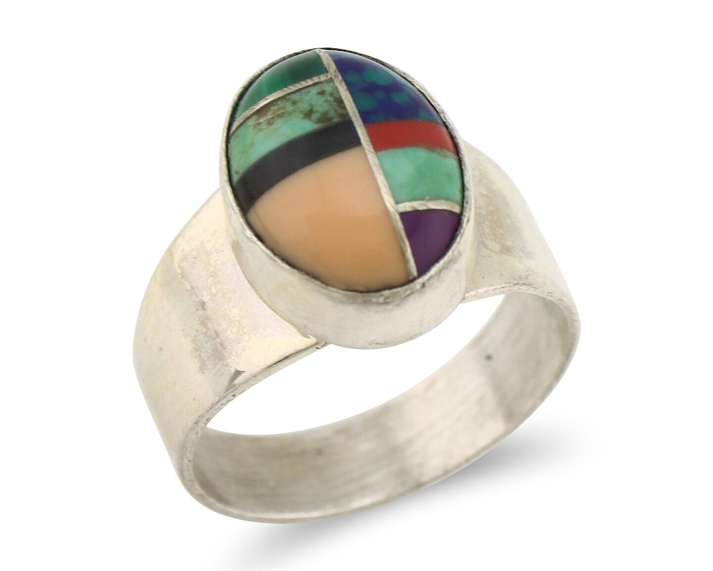 Zuni Inlaid Ring 925 Silver Mixed Natural Gemstones Native American Artist C.80s