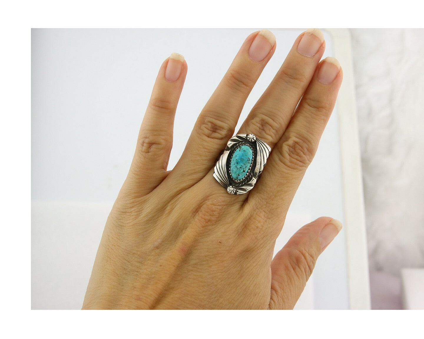 Traditional Navajo Ring Sterling Silver Authentic Turquoise Handmade Size 7.25