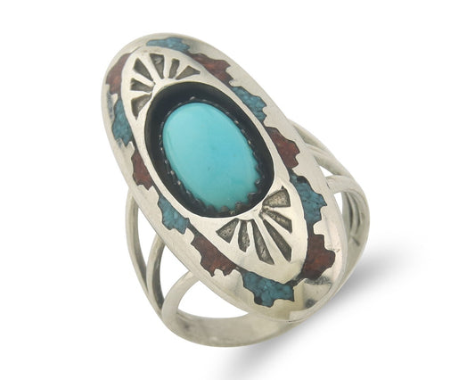 Vintage Navajo Ring 925 Sterling Turquoise & Coral Signed Circle JW Size 6.0