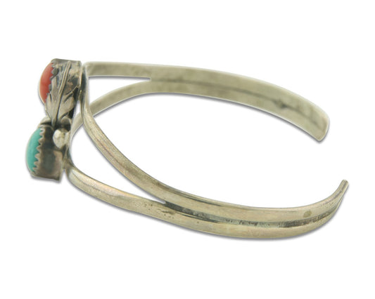 Vintage Navajo Bracelet 925 Silver Coral & Turquoise Native American Artist C80s