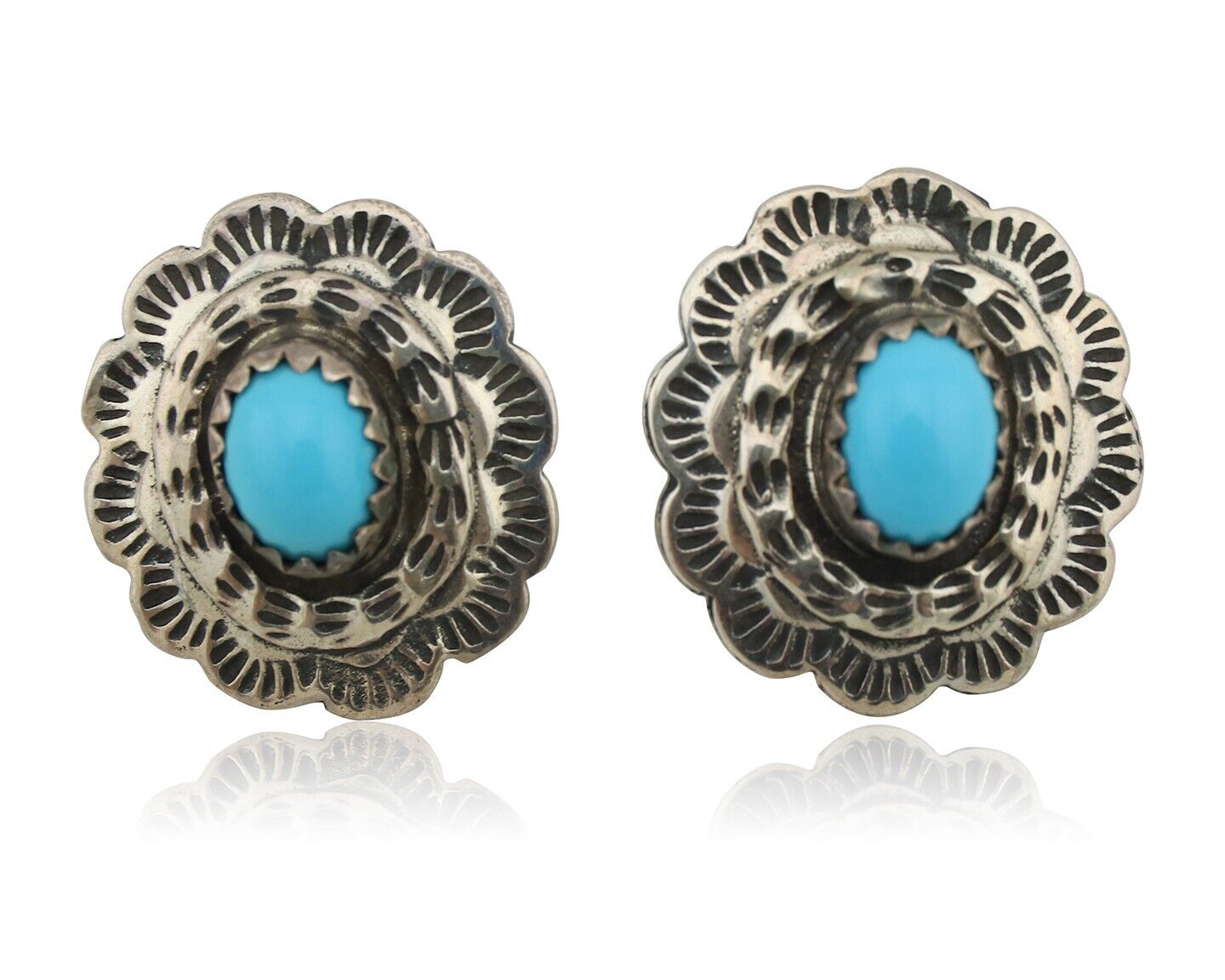 Navajo Earrings 925 Silver Natural Blue Turquoise Native American Artist C.80s