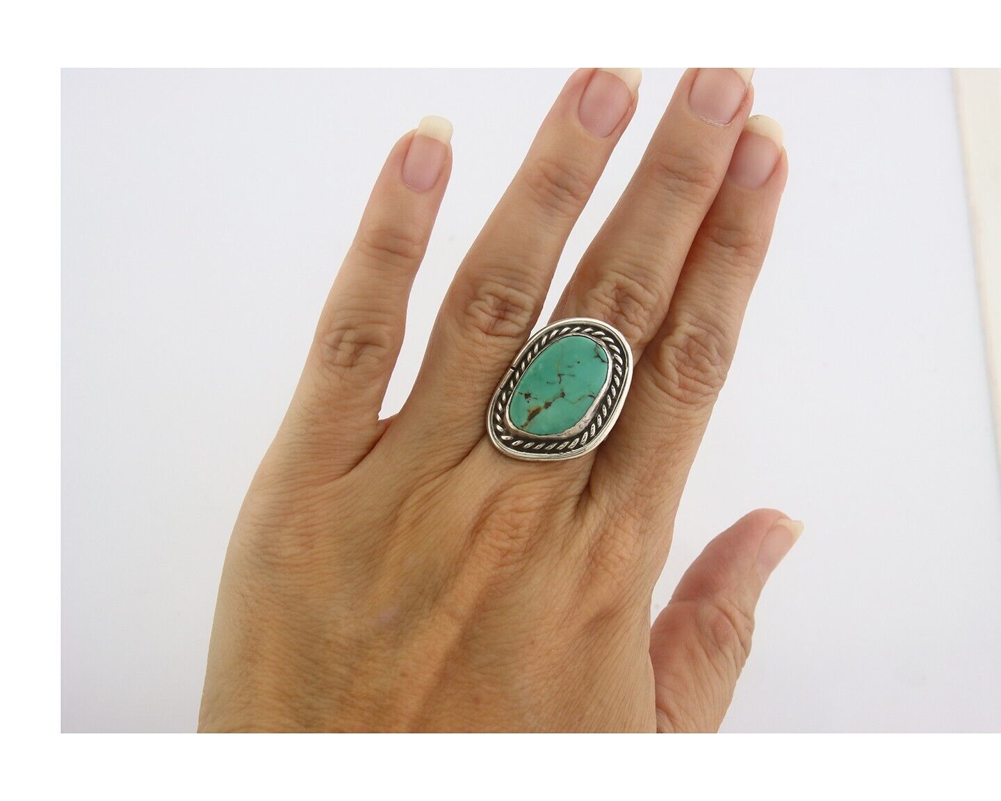 Navajo Ring 925 Sterling Turquoise Handmade Native Artist C.80's Size 7.25