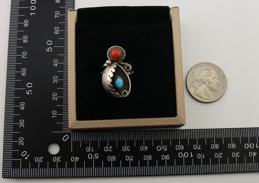 Navajo Handmade Ring 925 Silver Turquoise & Coral Native Artist C.80's