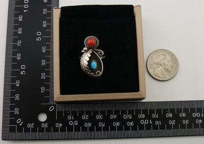 Navajo Handmade Ring 925 Silver Turquoise & Coral Native Artist C.80's