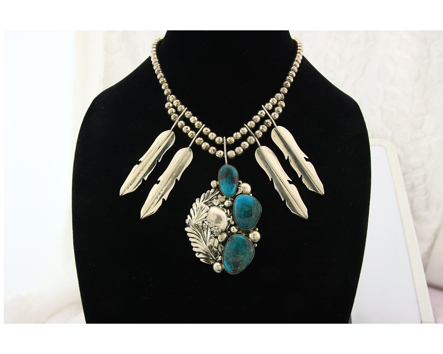 Navajo Necklace Sterling Silver Turquosie Authentic Vintage Signed Ben S