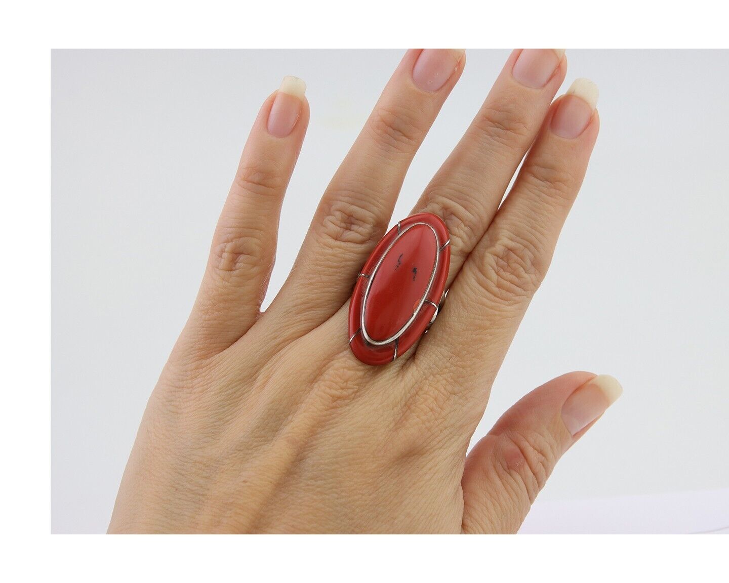 Natural Ring 925 Silver Natural Red Coral Artist Signed P Size 8