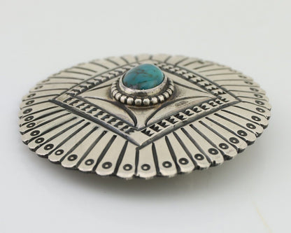 Navajo Pin 925 Silver Natural Turquoise Hand Stamped Native Artist C.80's