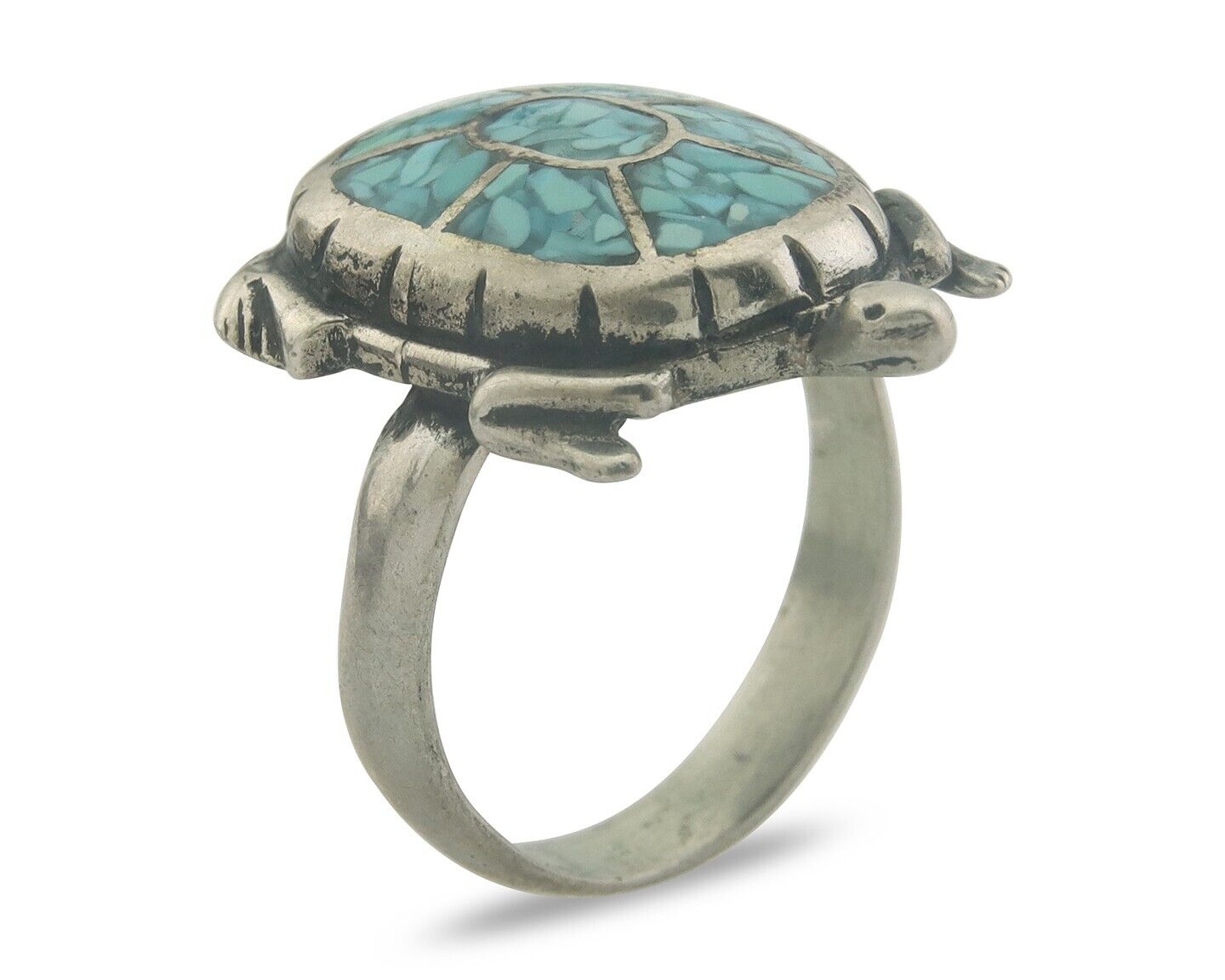 Navajo Ring 925 Silver Inlaid Turtle Turquoise C.80's Size 8.0
