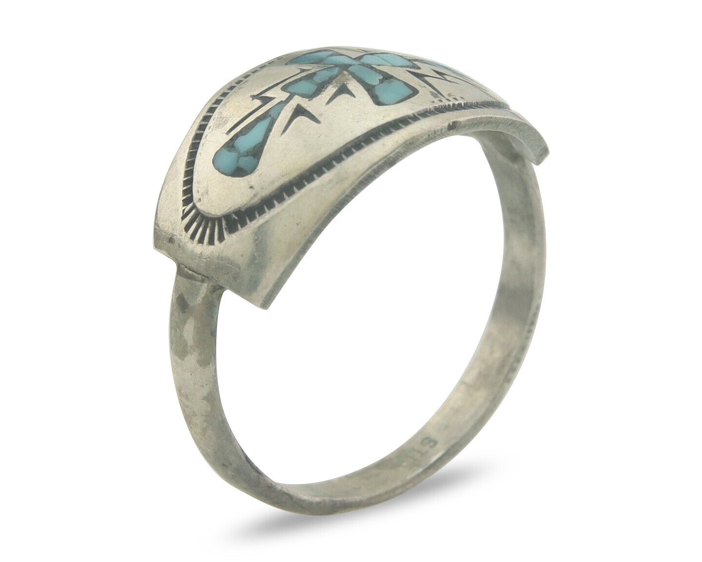Navajo Ring 925 Sterling Natural Chip Inlay Blue Turquoise C.80's Size 9.0