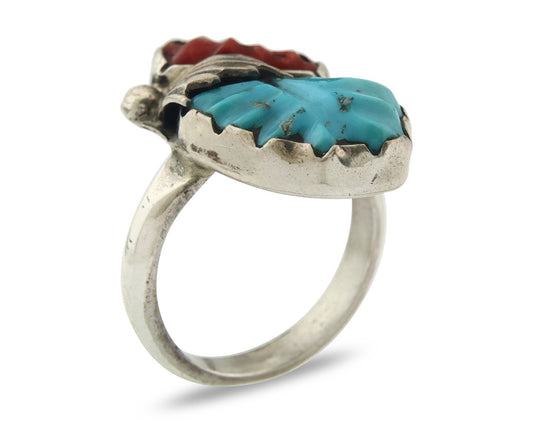 Vintage Zuni Ring 925 Silver Coral & Turquoise Signed Loyolita Tsottie