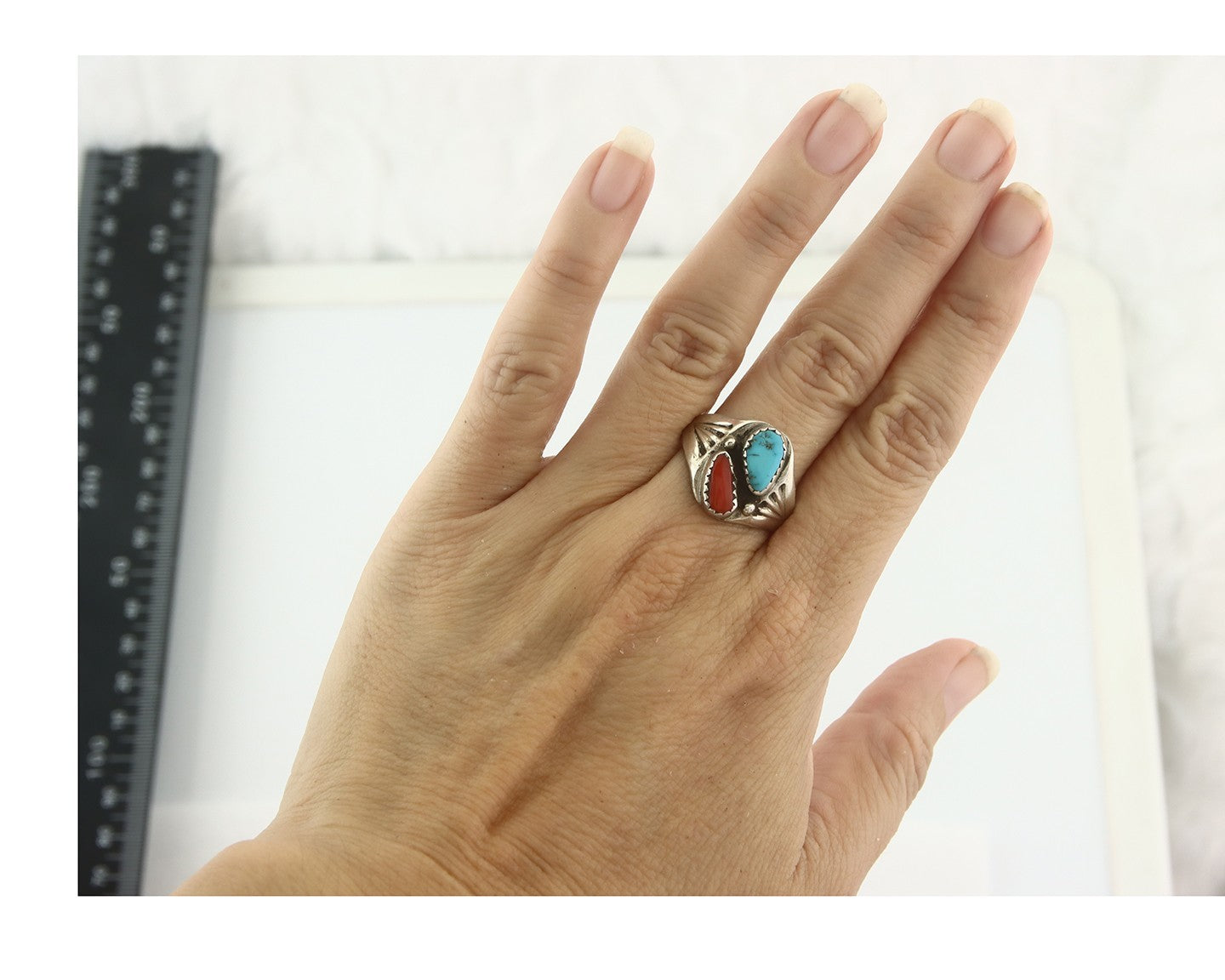 Vintage Navajo Ring 925 Sterling Silver Natural Gemstone Authentic Size 9.25