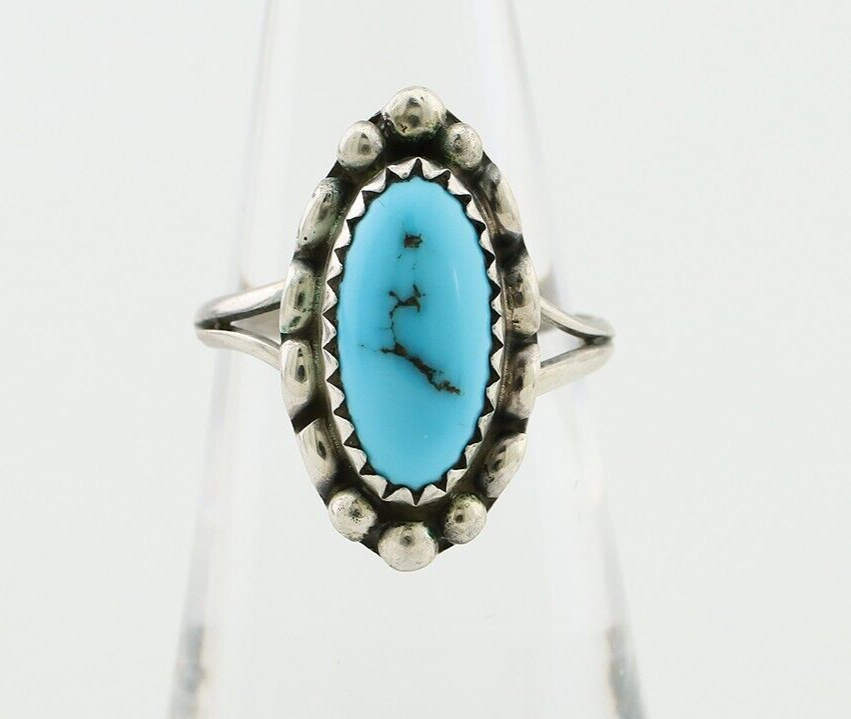 Navajo Ring 925 Silver Sleeping Beauty Turquoise Artist Signed SC C.80's