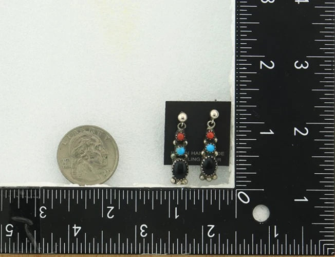 Navajo Dangle Earrings Sterling Silver Natural Gemstones Vintage Handmade