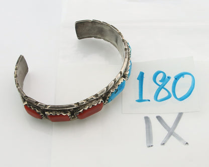 Zuni Cuff Bracelet Sterling Silver Natural Coral & Turquoise Signed Cheama
