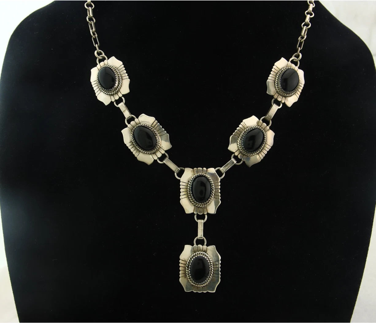 Navajo Necklace Earring Set Sterling Silver Onyx Vintage Signed Begay