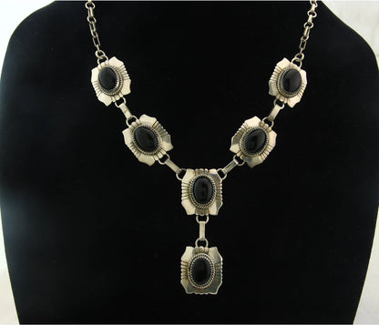 Navajo Necklace Earring Set Sterling Silver Onyx Vintage Signed Begay