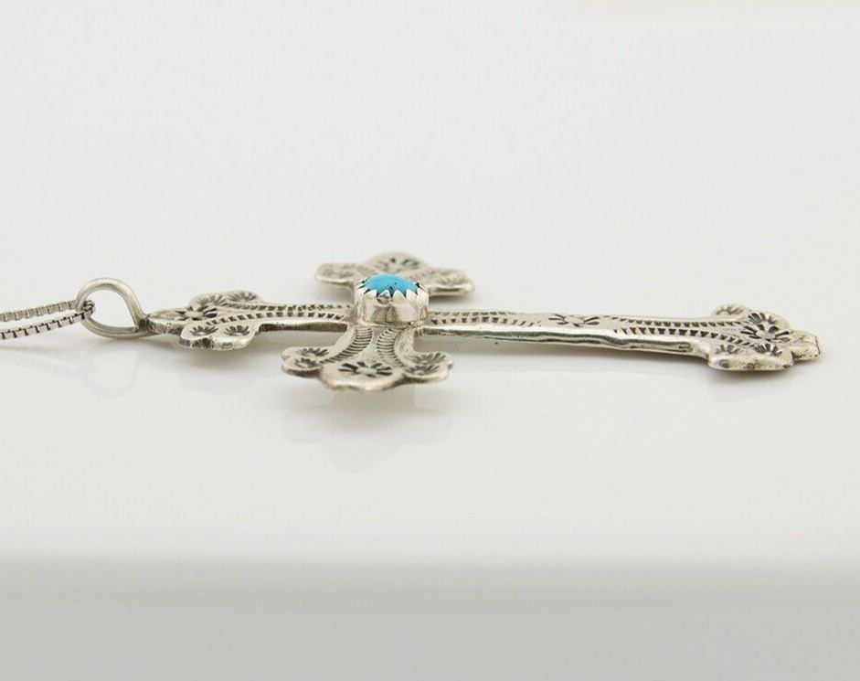 Navajo Cross Hand Stamped Necklace 925 Silver Turquoise Native Artist C.80's