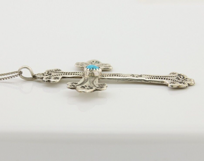 Navajo Cross Hand Stamped Necklace 925 Silver Turquoise Native Artist C.80's