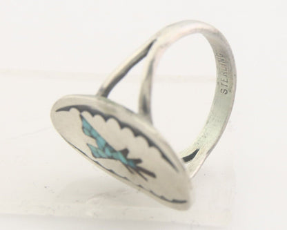 Navajo Ring 925 Sterling Natural Chip Inlay Coral & Turquoise C.80's Size 5.0