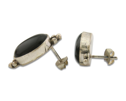 Navajo Earrings 925 Silver Handmade Natural Black Onyx Signed NAKAI C.80's