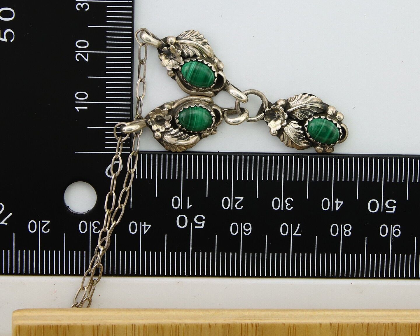 Navajo Necklace 925 Silver Natural Malchite Native American Signed SN C.80's