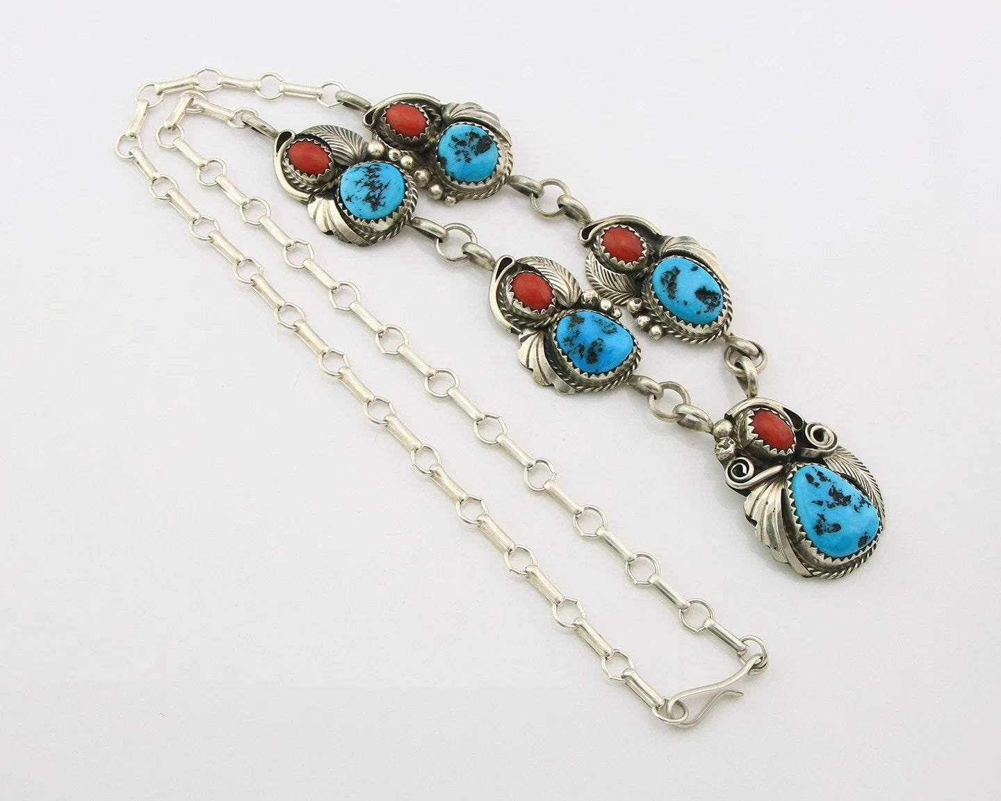 Navajo Necklace Sterling Authentic Turquoise & Coral Signed Justin Morris