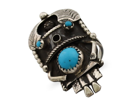 Zuni Handmade Kachina Ring 925 Silver Turquoise Artist Signed O C.80's