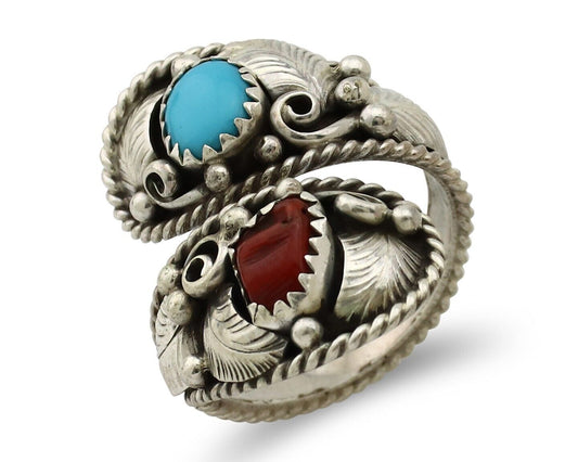 Navajo Adjustable Ring 925 Silver Turquoise & Coral Artist Signed Gecko C.80's