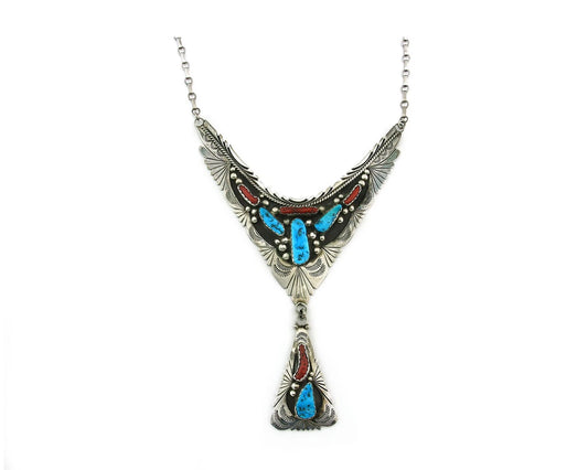 Navajo Necklace 925 Sterling Silver Turquoise & Coral Vintage Artist Signed IHMJ