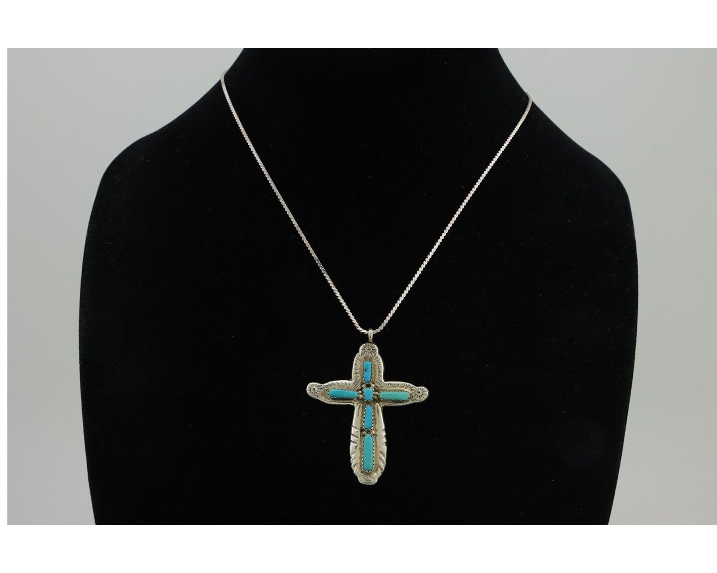 Zuni Cross Necklace 925 Silver Blue Turquoise Signed G&L LEEKITY C.80's