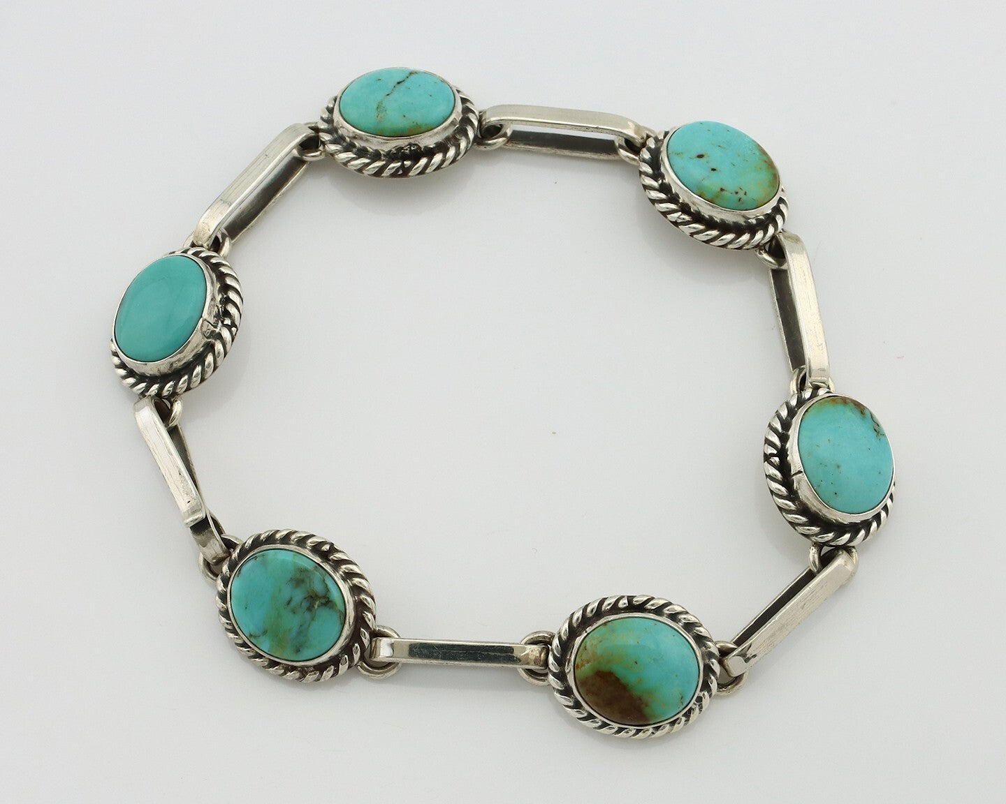 Navajo Link Bracelet .925 Silver Blue Turquoise Native American Artist C.80's