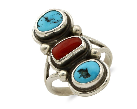 Navajo Ring 925 Silver Sleeping B Turquoise & Coral Native American Artist C.80s