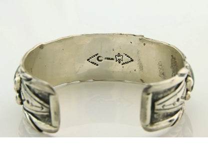 Men Navajo Cuff Bracelet Sterling Silver Malachite Vintage Signed C Montoya