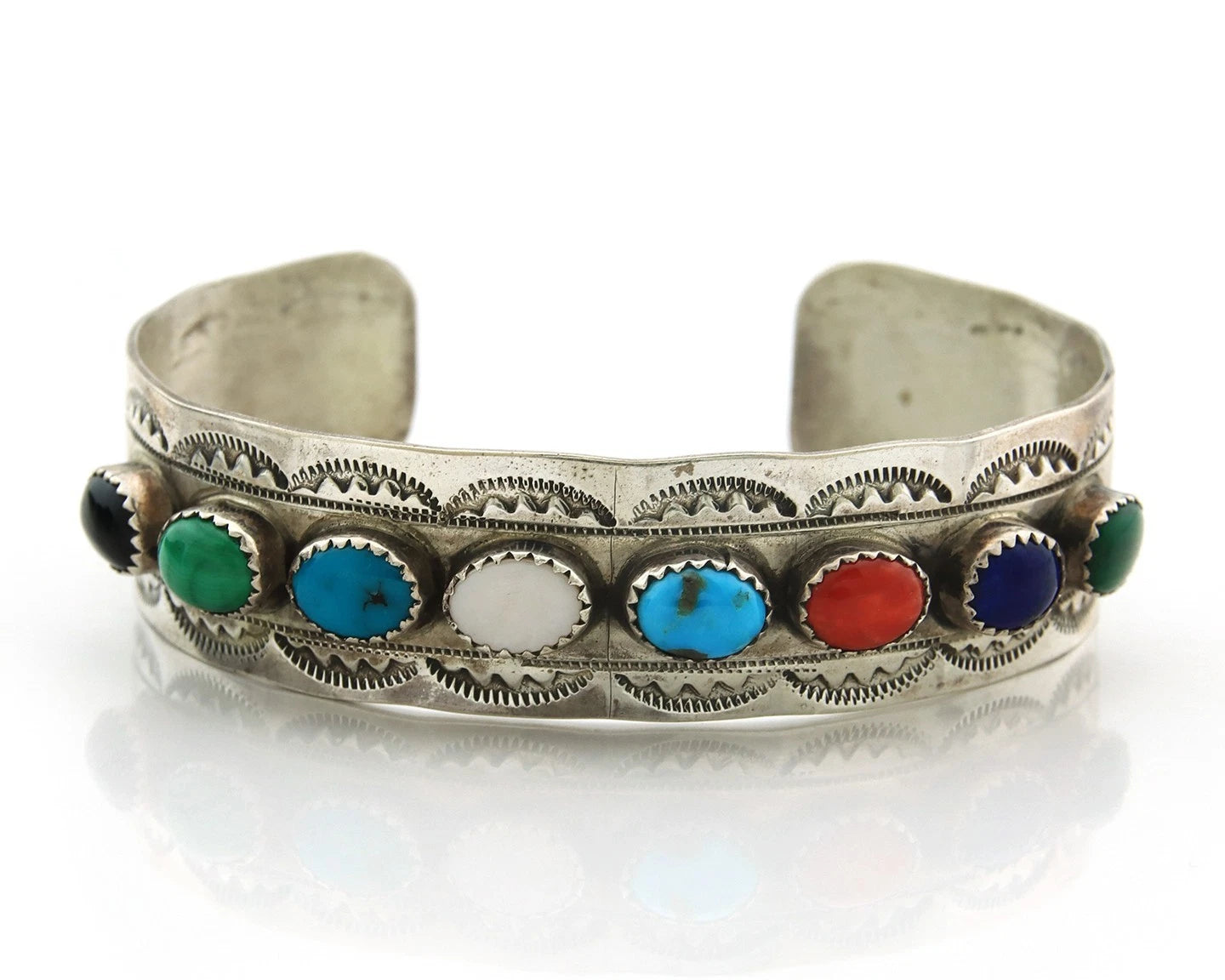 Navajo Cuff Bracelet Sterling Silver Natural Gemstone Vintage Signed LB