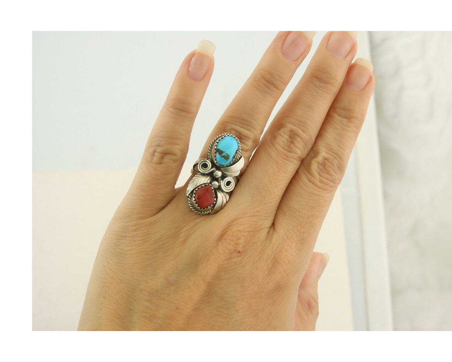 Vintage Navajo Ring 925 Sterling Natural Gemstones Signed Justin Morris Sz 5.0