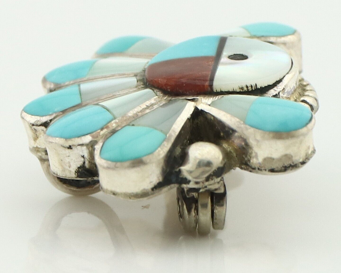 Zuni Pin Pendant .925 Silver Natural Gemstone Native American Artist C.80's