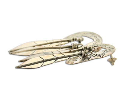 Navajo Feather Earrings 925 Silver Dangle Artist Signed DISHTA C.80's