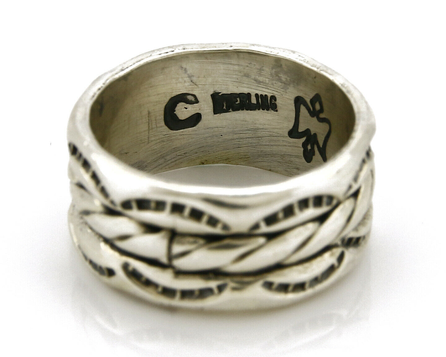 Navajo Ring .925 Silver Handmade Hand Stamped 3 Row Rope Band C.1980's