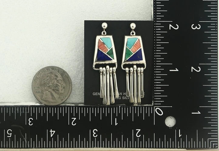 Navajo Earrings 925 Sterling Silver Natural Gemstones Signed Teme C.80's