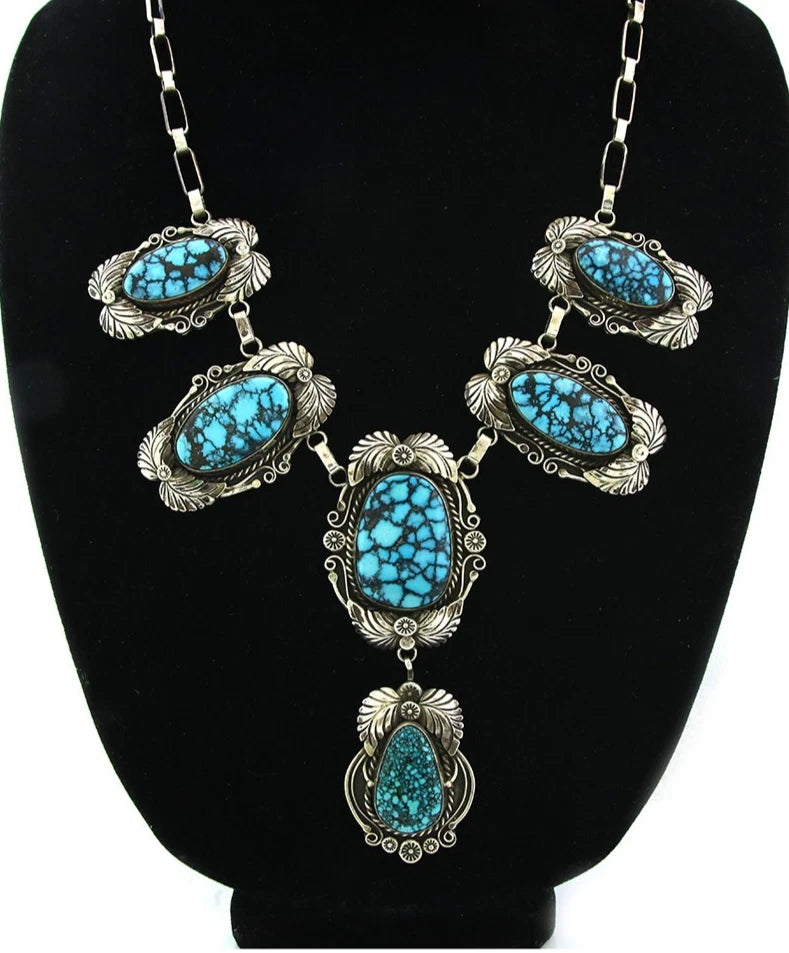 Navajo Necklace Sterling Silver Turquoise Vintage Signed Henrietta Yesele