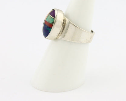 Zuni Inlaid Ring 925 Silver Mixed Natural Gemstones Native American Artist C.80s