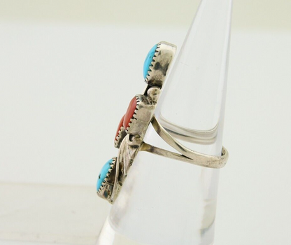 Navajo Handmade Ring 925 Silver Coral & Turquoise Native Artist C.80's