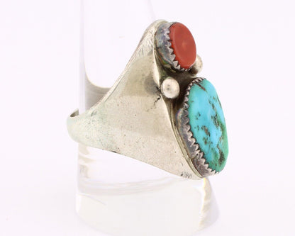 Navajo Ring 925 Silver Sleeping Beauty Turquoise & Coral Native Artist C.80s