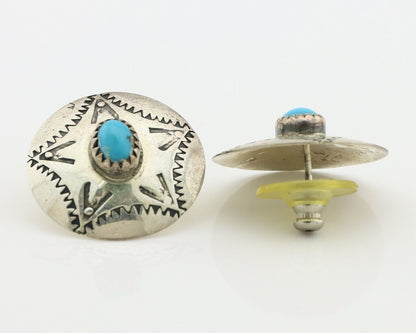 Navajo Hand Stamped Earrings 925 Silver Turquoise Signed KF C.80's