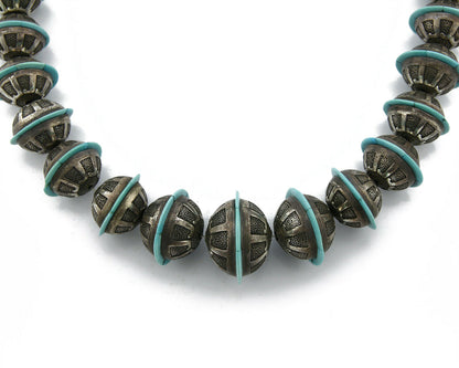 Navajo Hand Stamped .925 Silver Bead Inlaid Hand Cut Turquoise Necklace