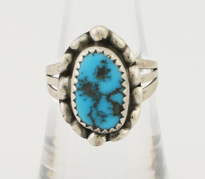 Navajo Ring 925 Silver Sleeping Beauty Turquoise Artist Signed SC C.80's