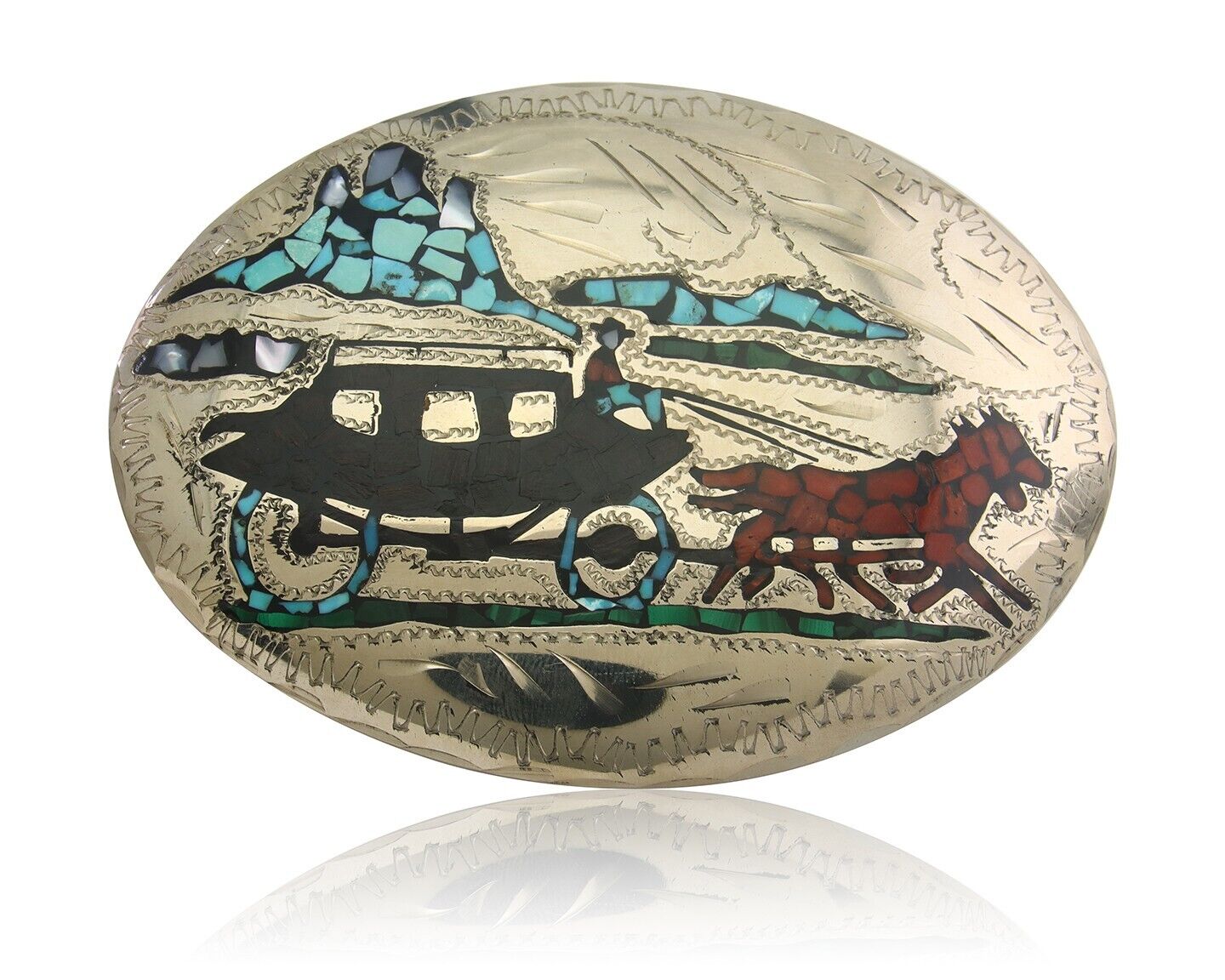 Navajo Belt Buckle .999 Nickel Gemstone Handmade Signed AL 3.0 x 4.0 in C.80s